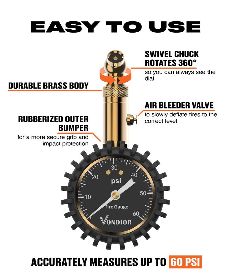 Vondior Tire Pressure Gauge - (0-60 PSI) Heavy Duty, Certified ANSI Accurate with Large 2 Inch Easy to Read Glow Dial, Low - High Air Pressure Gauge. Tire Gauge for Car and Trucks Tires by Vondior - Image 2